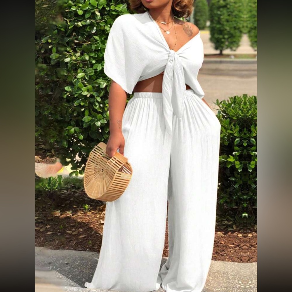 Women's White Tie-Front Pants Set